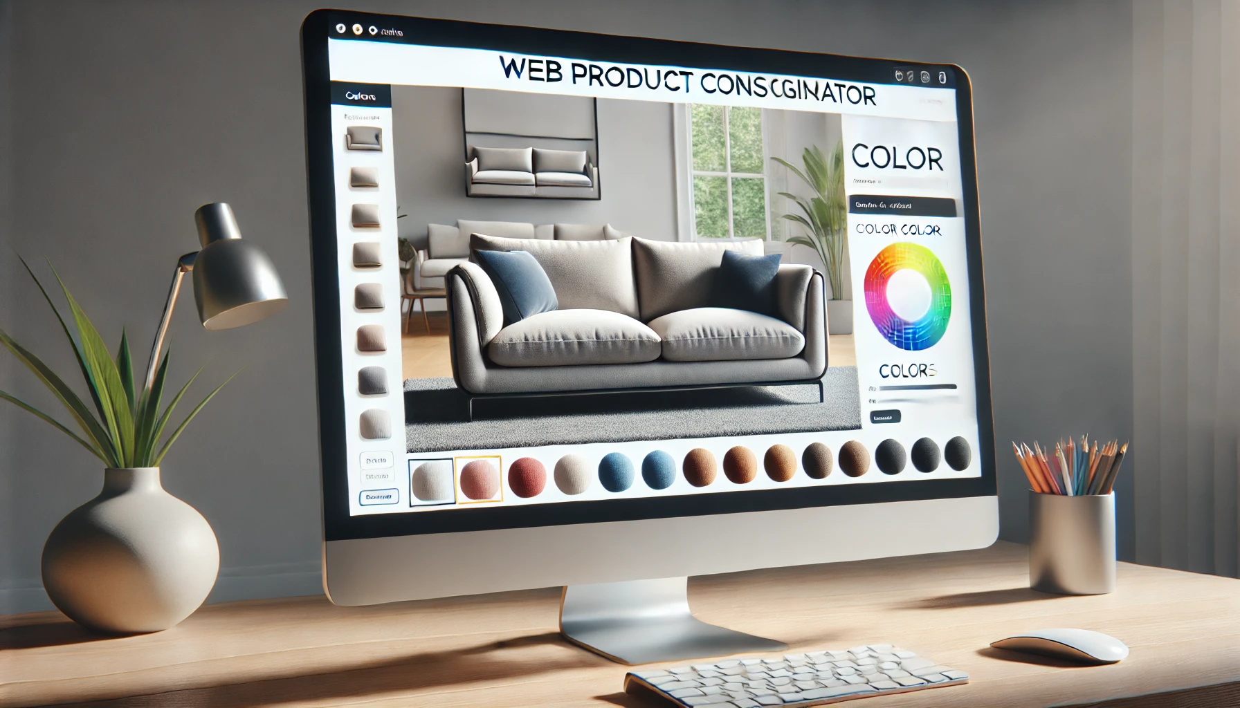 Configuratore di prodotto 3D visualizzato su uno schermo desktop, che permette di personalizzare un divano selezionando colori e materiali, ideale per migliorare l’esperienza di acquisto online.