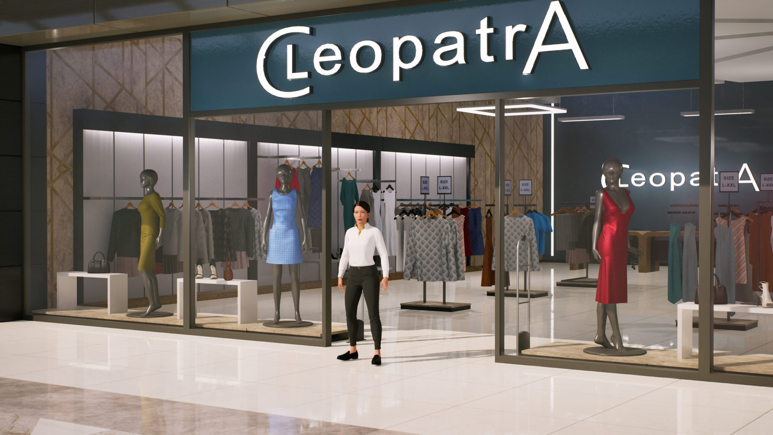 Facciata di uno store virtuale chiamato Cleopatra, con vetrina espositiva e manichini che mostrano diversi capi di abbigliamento, progettato per simulazioni di shopping digitale