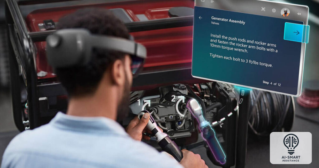 Person wearing HoloLens receives assistance from an AI virtual assistant to repair a tool