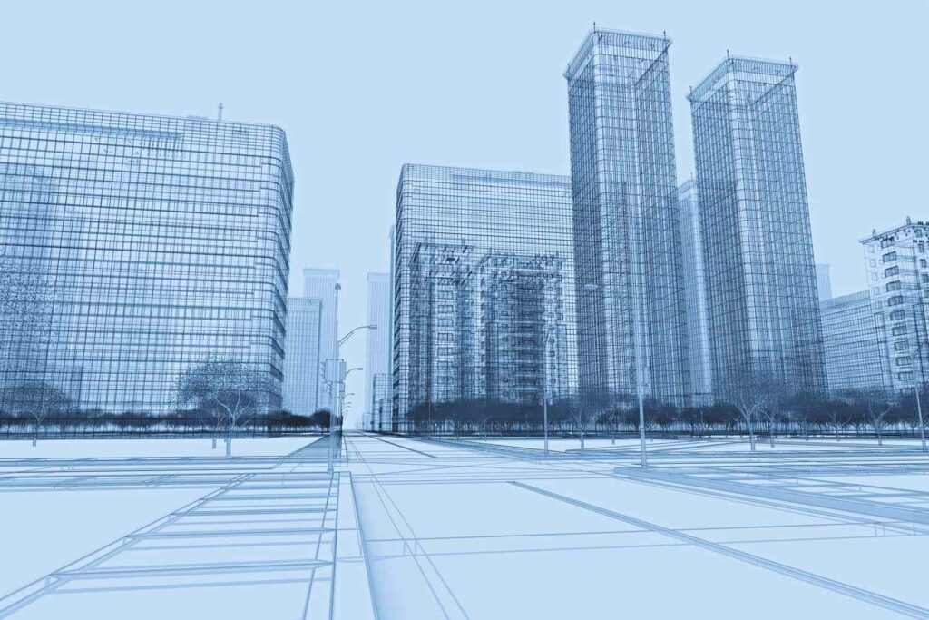 Perspective view of a 3D wireframe model depicting a modern city with skyscrapers, streets and stylized trees