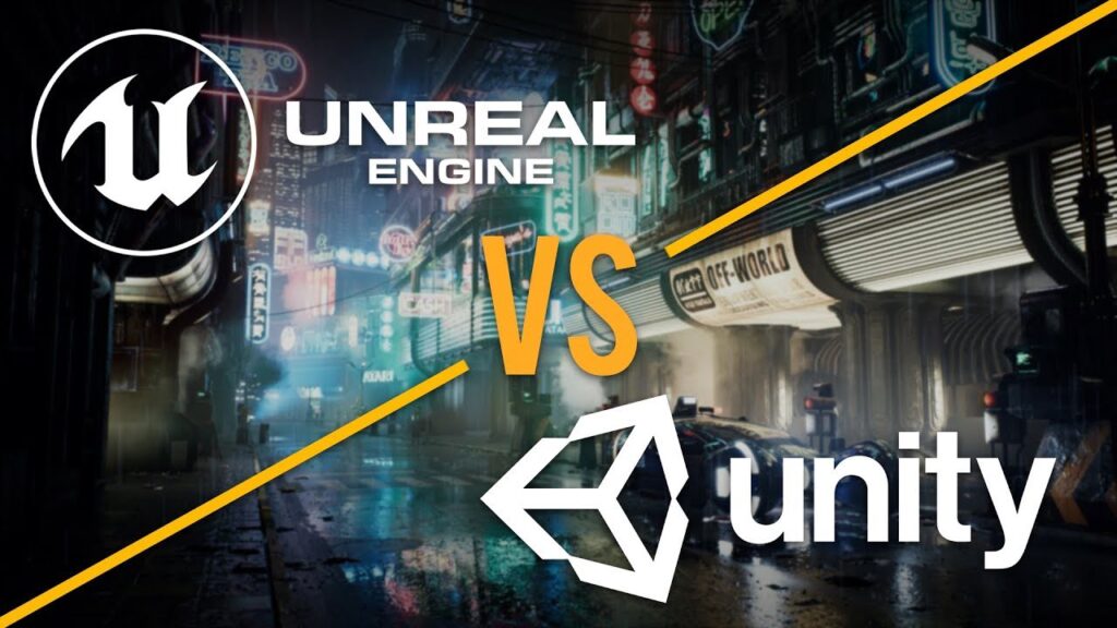 Comparison of Unreal Engine and Unity, highlighted by a futuristic urban scene with neon lighting in the background. The logos of the two graphics engines are separated by a diagonal line 