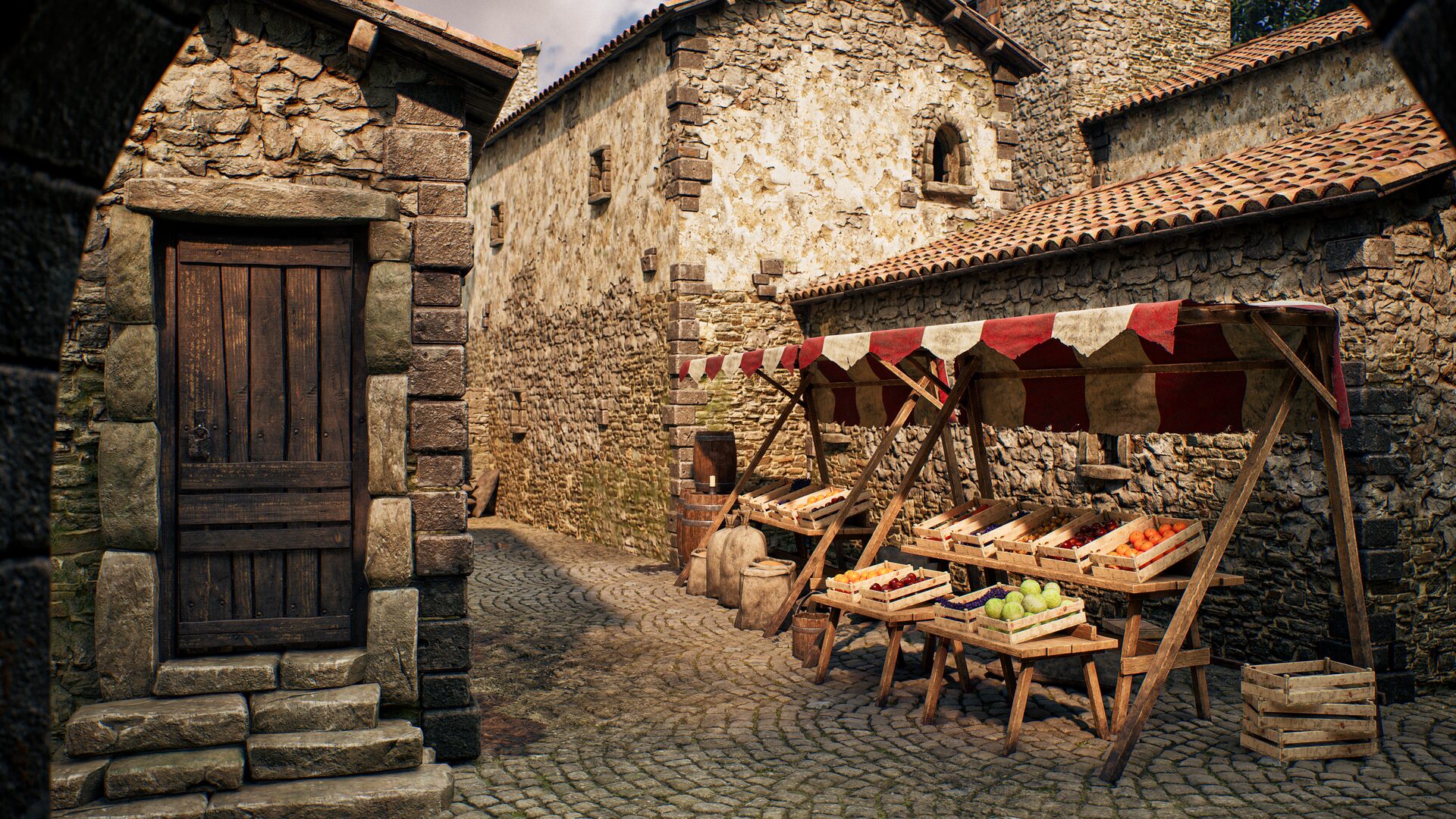 Scorcio di una piazza di un villaggio medievale italiano, con una bancarella di mercato coperta da un telo a strisce rosse e bianche.