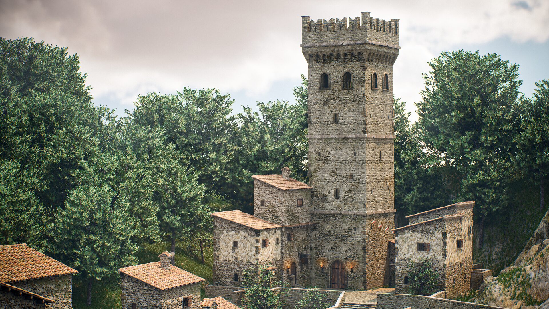 orre medievale in pietra circondata da edifici storici e alberi, ambientazione ricostruita in Unreal Engine.