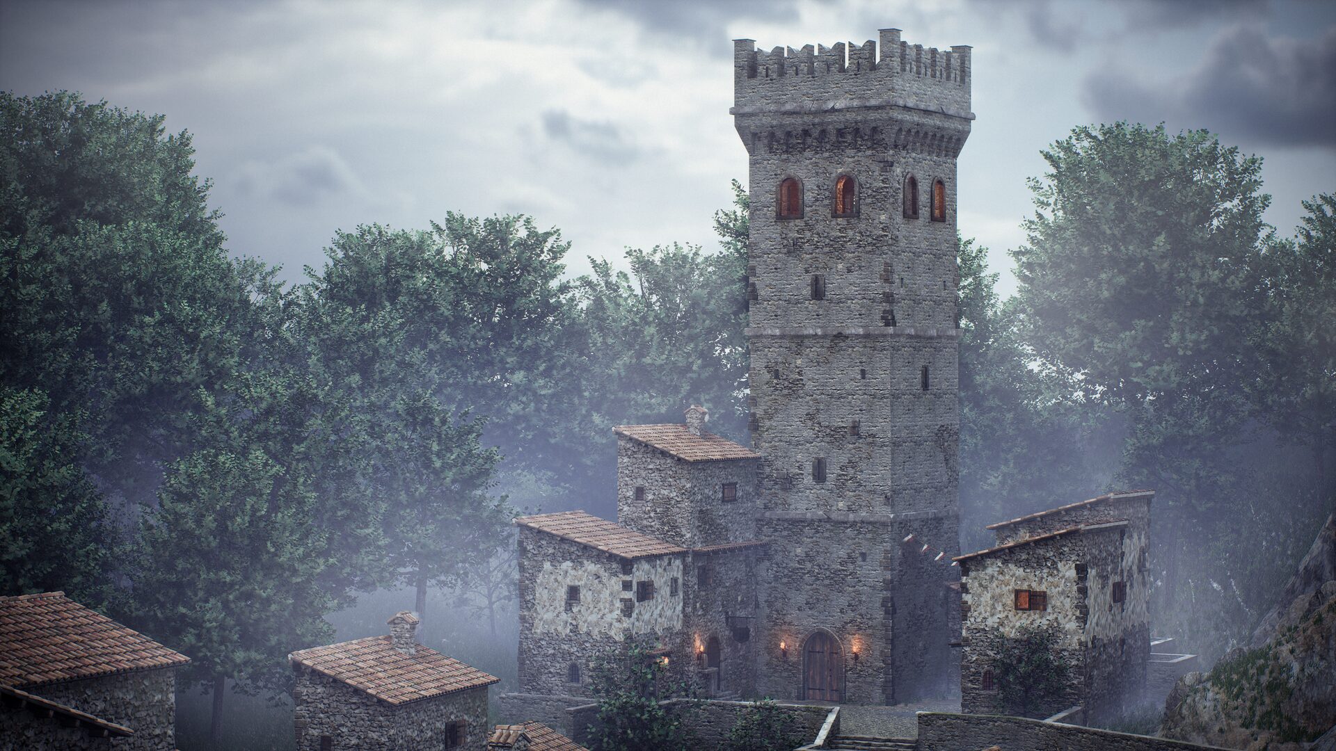 Torre medievale illuminata internamente in un’atmosfera nebbiosa, circondata da edifici in pietra e alberi, realizzata con Unreal Engine