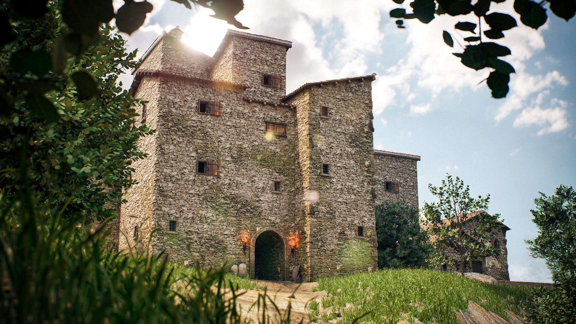 Vista di un edificio medievale in pietra con un arco d’ingresso, illuminato dalla luce del sole, circondato da erba e alberi, creato in Unreal Engine.