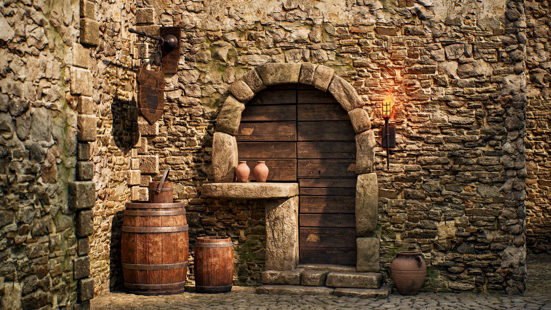 Dettaglio di una porta ad arco in legno con cornice in pietra, affiancata da barili, vasi e un’insegna di locanda, in una città medievale ricostruita in Unreal Engine.