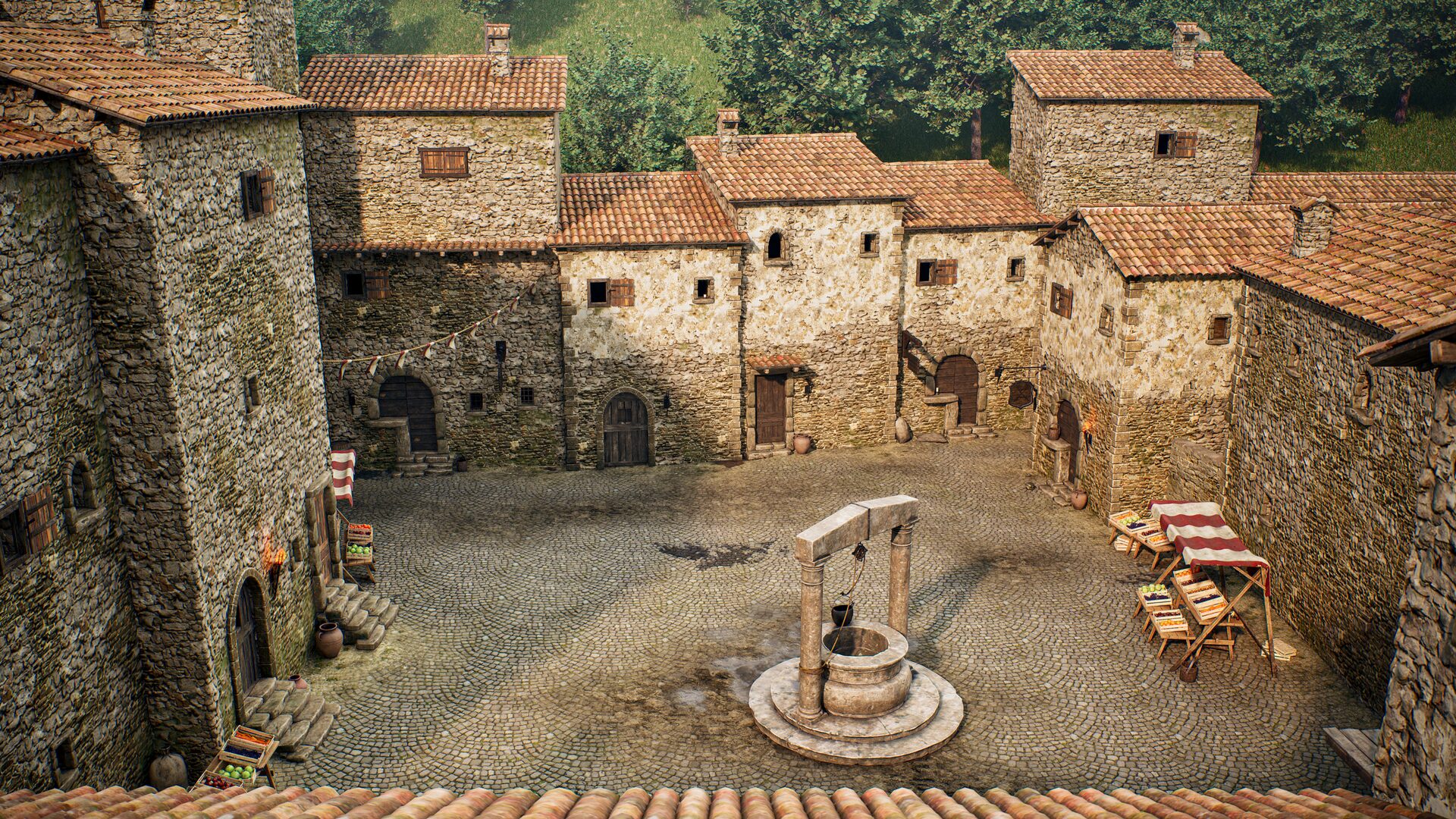 Veduta dall’alto di una piazza centrale di una città medievale, con un pozzo al centro e diverse case in pietra con tetti in tegole rosse, creata in Unreal Engine.