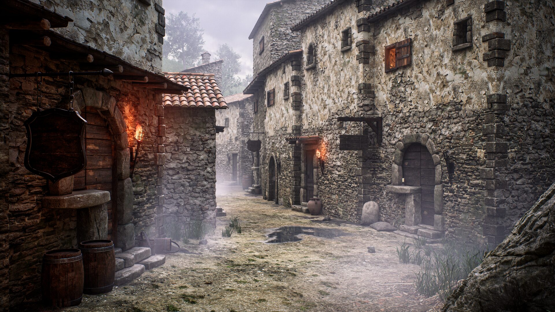 Strada acciottolata di un borgo medievale con edifici in pietra, torce accese e insegne di locanda, avvolta in una leggera foschia mattutina, ricostruita in Unreal Engine.