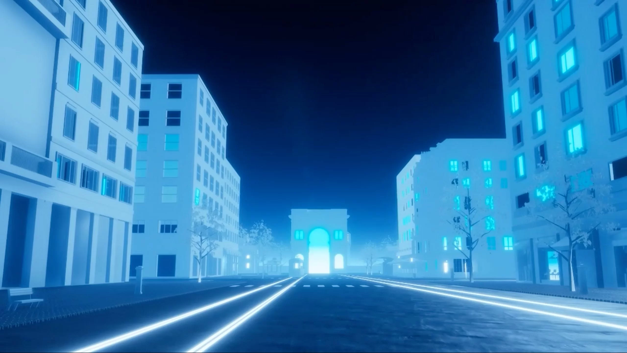 Scena di un ambiente urbano virtuale con edifici e strade illuminate da luci blu e bianche. Un arco al centro della strada si staglia all’orizzonte, creando un’atmosfera futuristica. Parte del progetto Nexi Virtual Event.