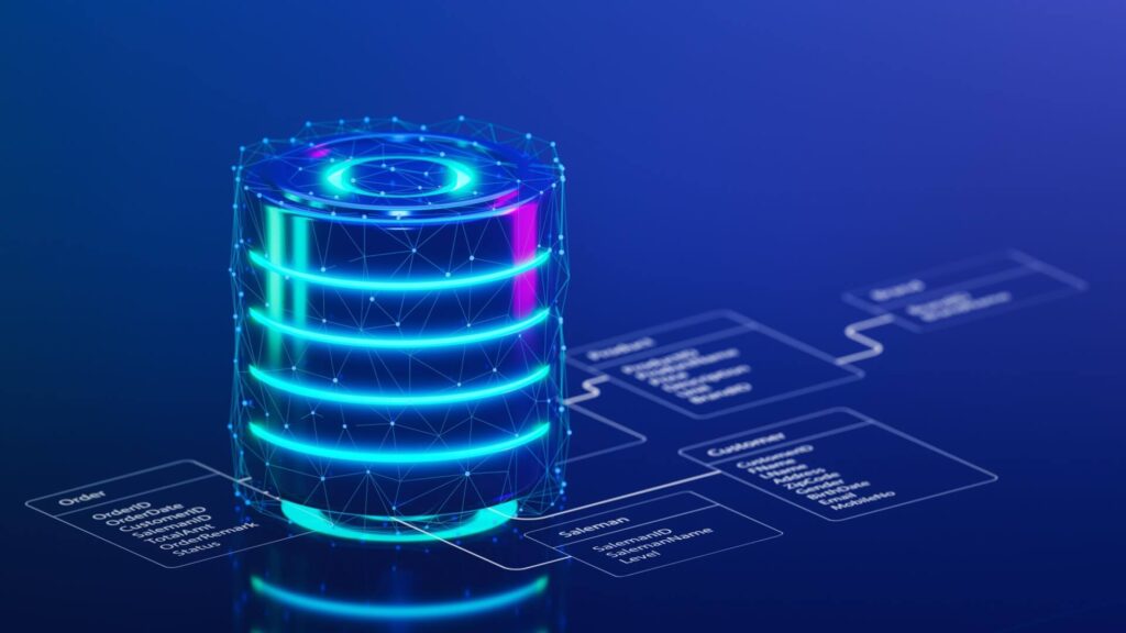 Grafica digitale rappresentante un database connesso, visualizzato attraverso una pila cilindrica luminescente con elementi di rete digitale, rappresentativo del lavoro di Chinaweb.