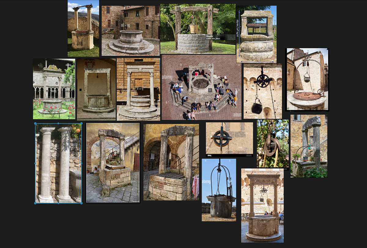 A collage of images of the medieval well collected during the planning phase of the 3D work