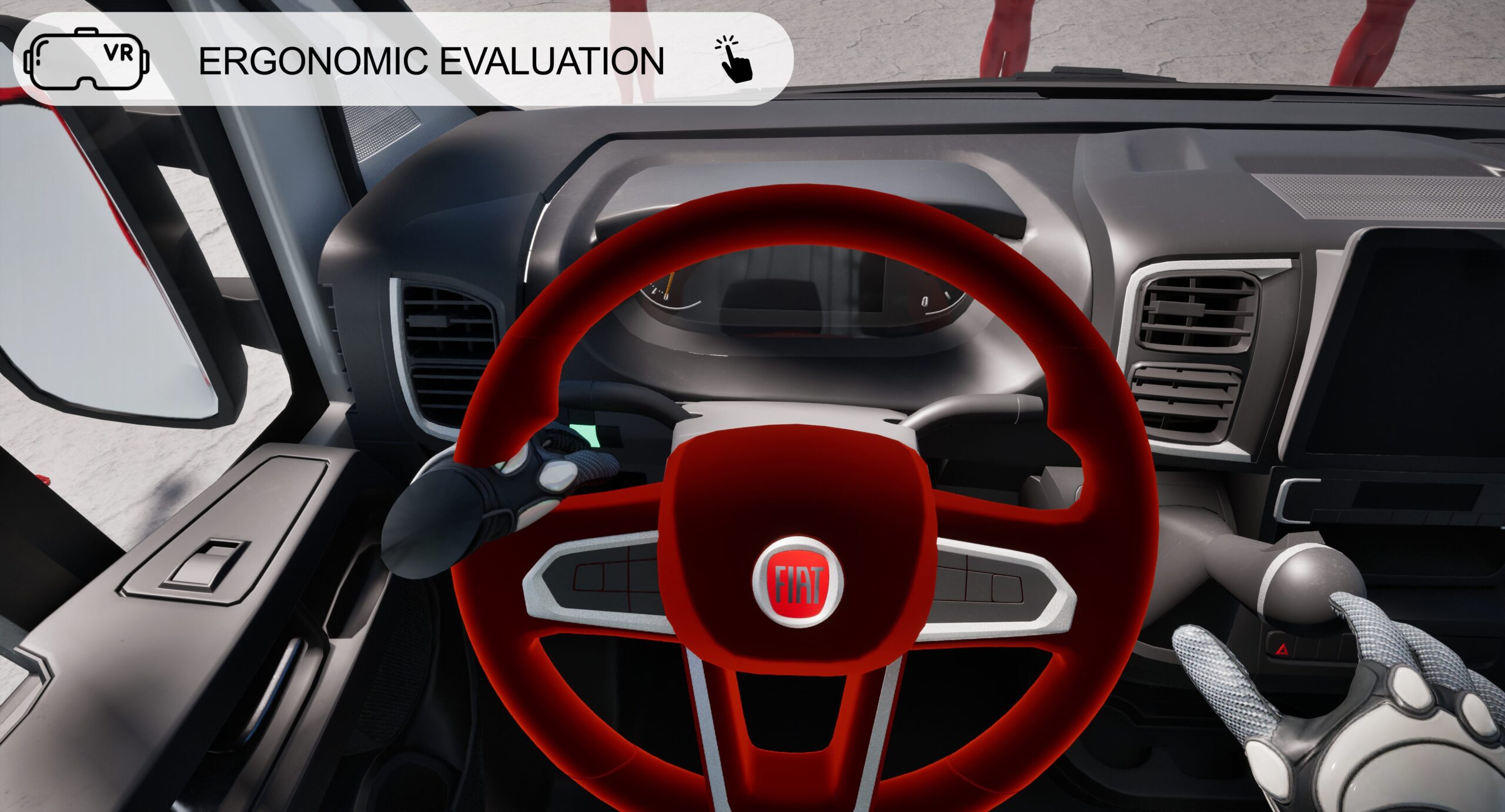 View of the interior of a vehicle, with a focus on the steering wheel highlighted in red, indicating an area of interest during an ergonomic evaluation