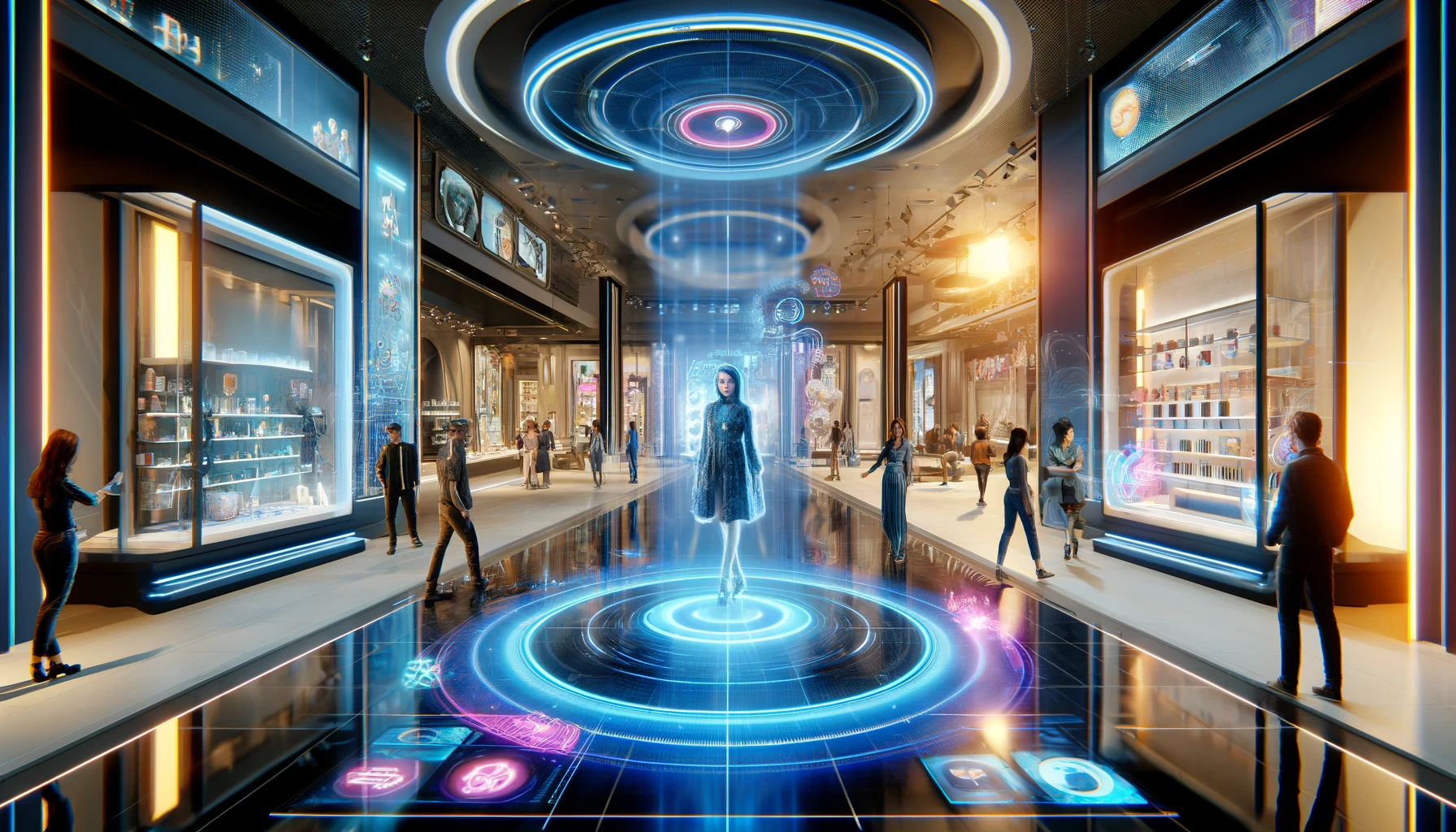 Esperienza di shopping virtuale in un centro commerciale nel metaverso, con un avatar olografico centrale che interagisce con i visitatori