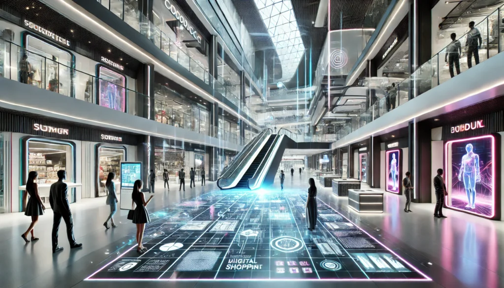 Centro commerciale virtuale nel metaverso con pavimenti digitali interattivi, vetrine animate, ologrammi e display che mostrano avatar e prodotti futuristici