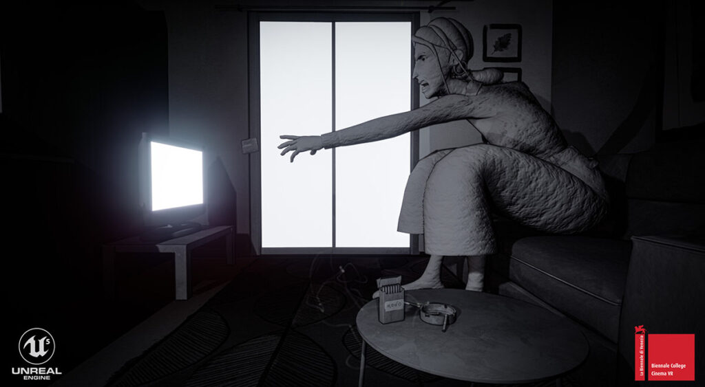 An image from the VR film "Mono" showing a stylized black-and-white figure sitting on a sofa, leaning toward a bright TV set