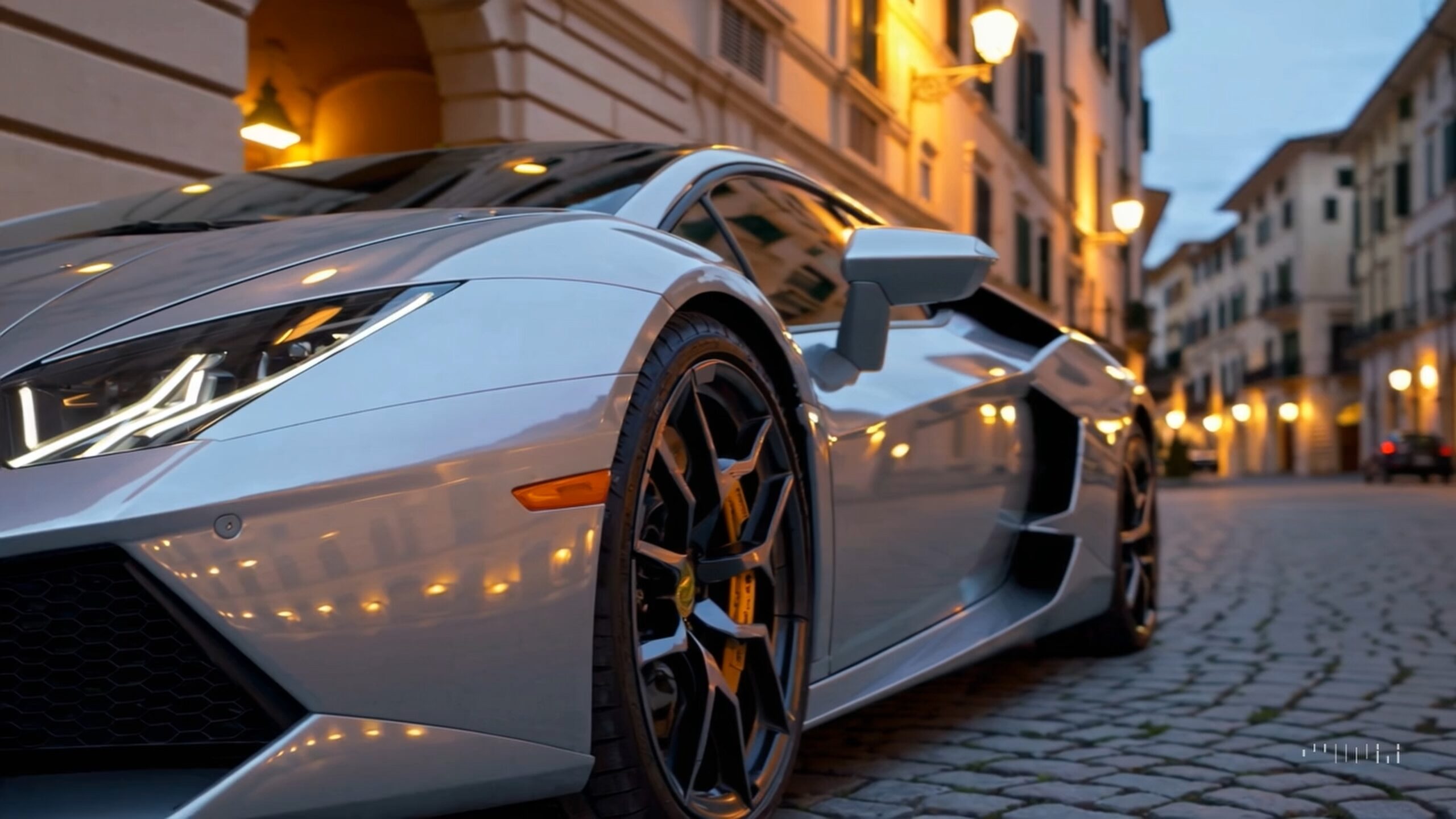 Primo piano di una Lamborghini Aventador parcheggiata in una strada cittadina illuminata, utilizzata come esempio per un articolo che esplora l’uso dell’intelligenza artificiale nella generazione di video.