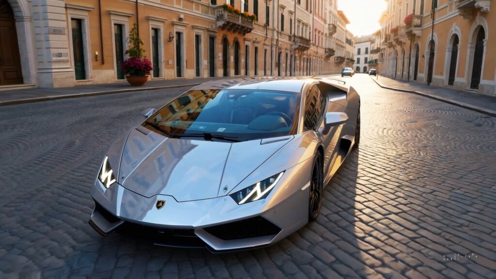 Una Lamborghini Huracán argentata ripresa in una strada di città al tramonto, utilizzata per illustrare un articolo dedicato alla creazione di video con l’intelligenza artificiale.