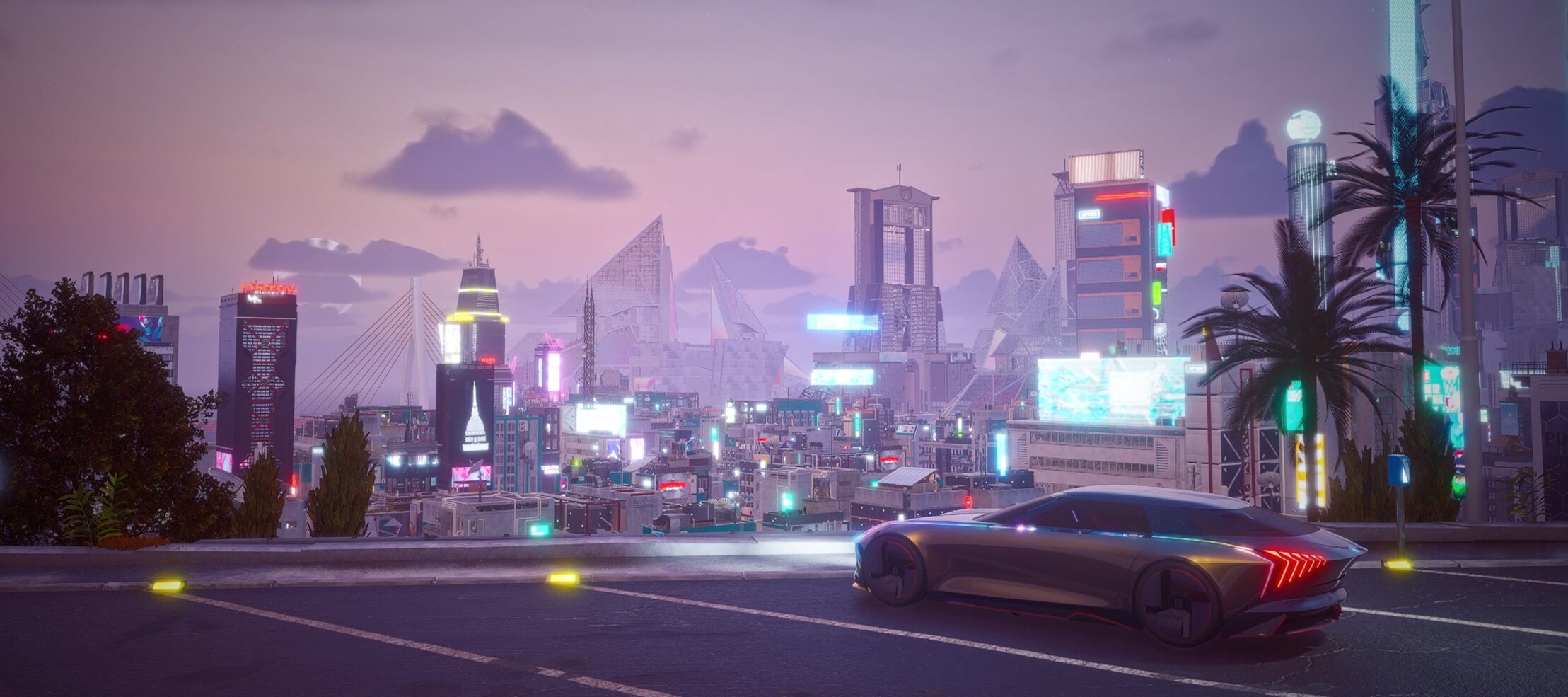 Rendering 3D per la previsualizzazione del nuovo modello Changan, con un'auto futuristica argentata posizionata su una strada panoramica, affacciata su una metropoli cyberpunk illuminata da luci al neon e grattacieli dalle geometrie avveniristiche, creando un’atmosfera futuristica immersiva.