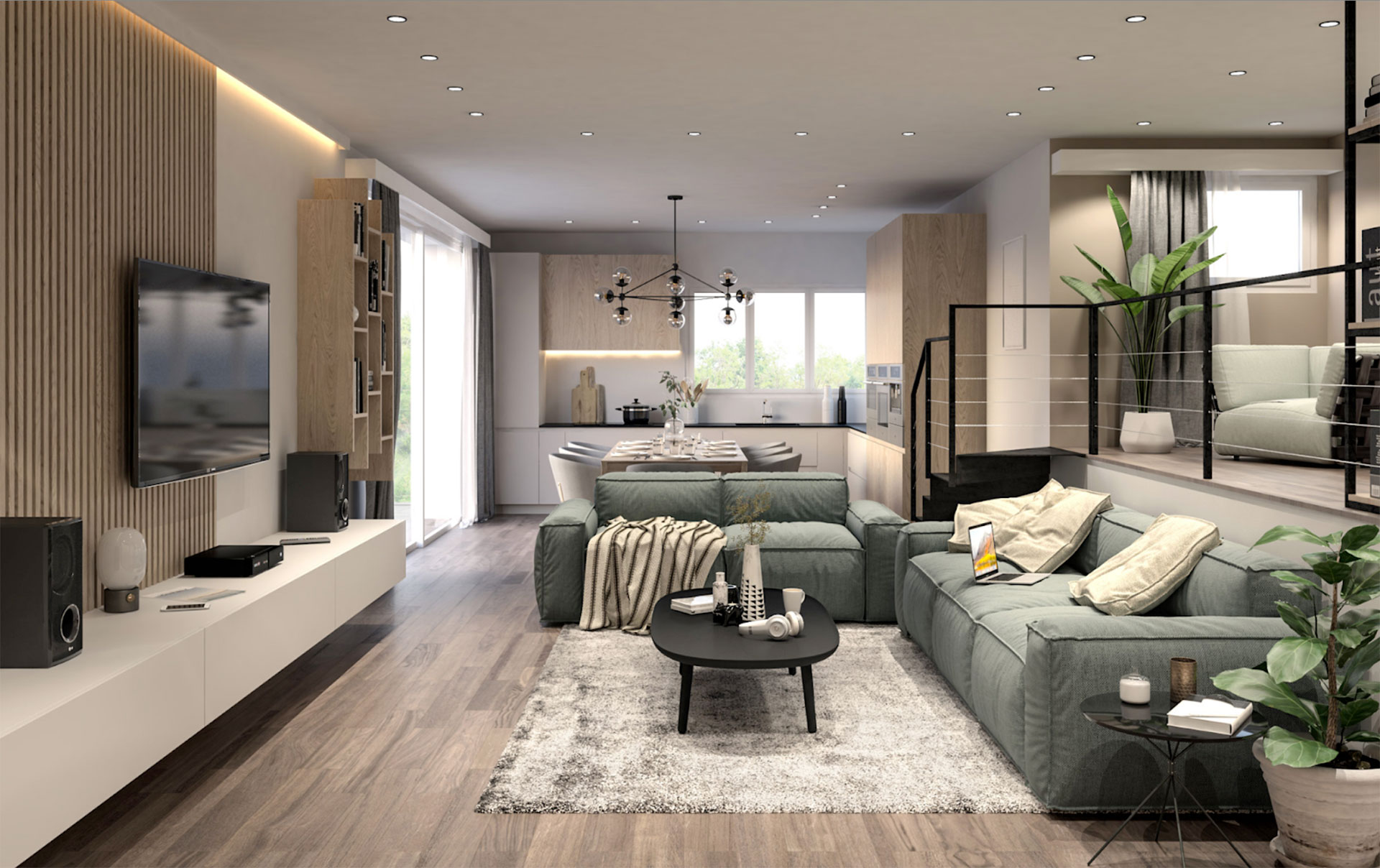 Rendering 3D di un soggiorno open space con arredi moderni, divano verde, zona cucina attrezzata e area rialzata con angolo relax.