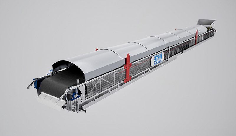 Rendering 3D di un nastro trasportatore industriale coperto, progettato per il trasporto sicuro di materiali in ambienti di produzione. La struttura include supporti metallici, sistema di protezione e pannelli laterali.