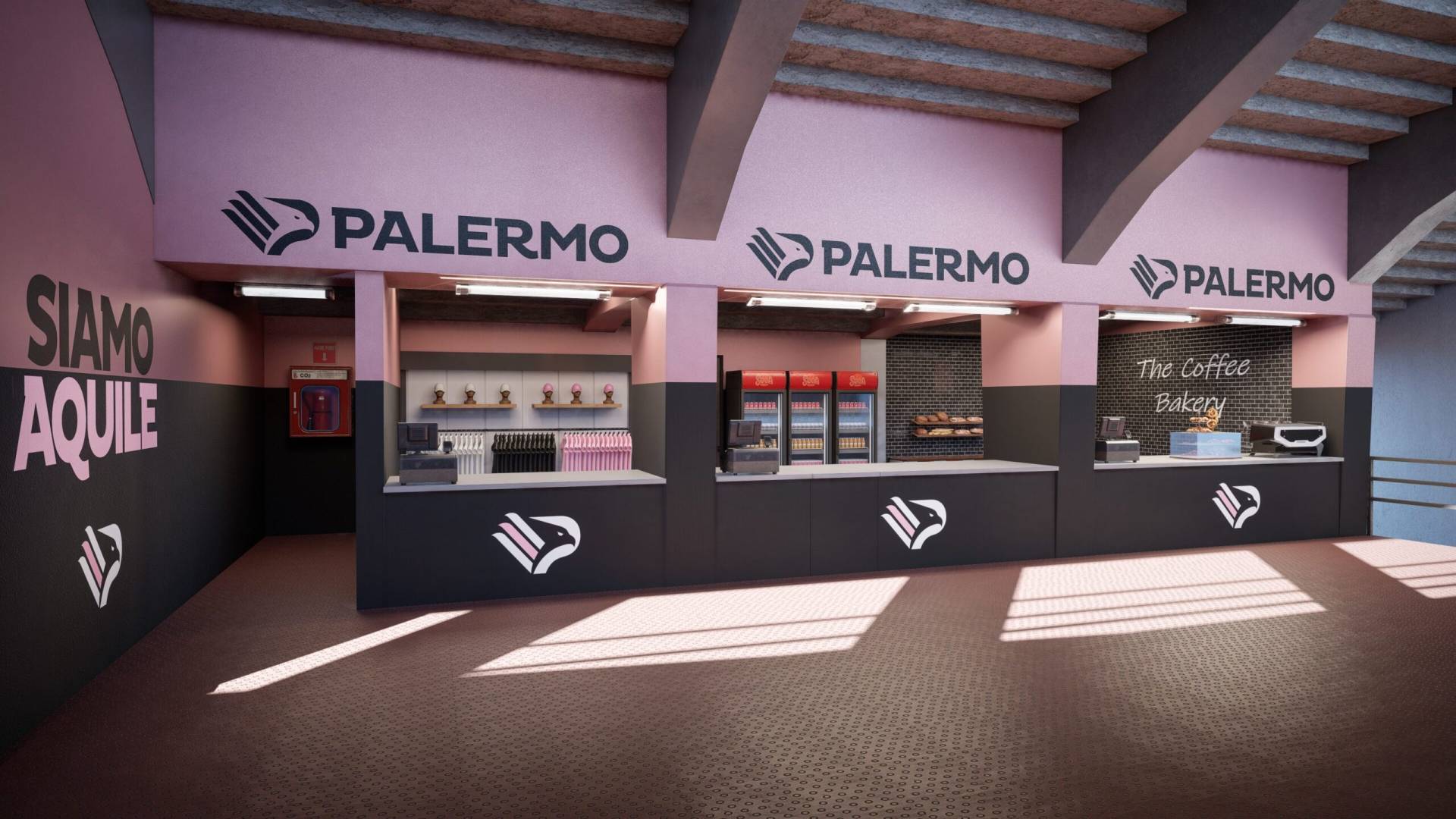 Rendering di una zona ristoro e merchandise dello stadio Renzo Barbera, con elementi visivi rosa e nero che richiamano i colori sociali del Palermo Calcio