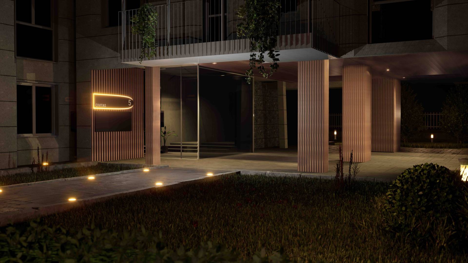 Rendering 3D della facciata di un edificio residenziale di notte. L’ingresso è illuminato con luci sottili che evidenziano il logo “CIVITAS” e il numero “5” sulla parete.