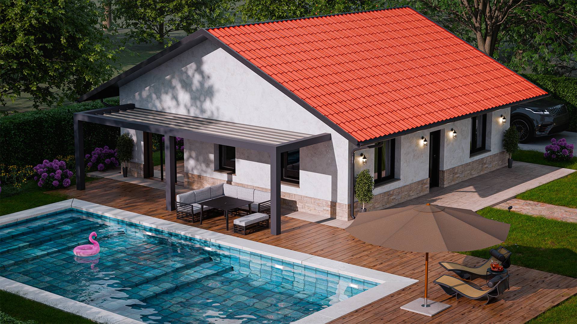 Rendering di una villetta unifamiliare realizzato per New Time Group, leader nella produzione di tegole e soluzioni per esterni. La casa presenta un tetto rosso con tegole in evidenza, una pergola moderna sulla terrazza e una piscina con bordo in pietra