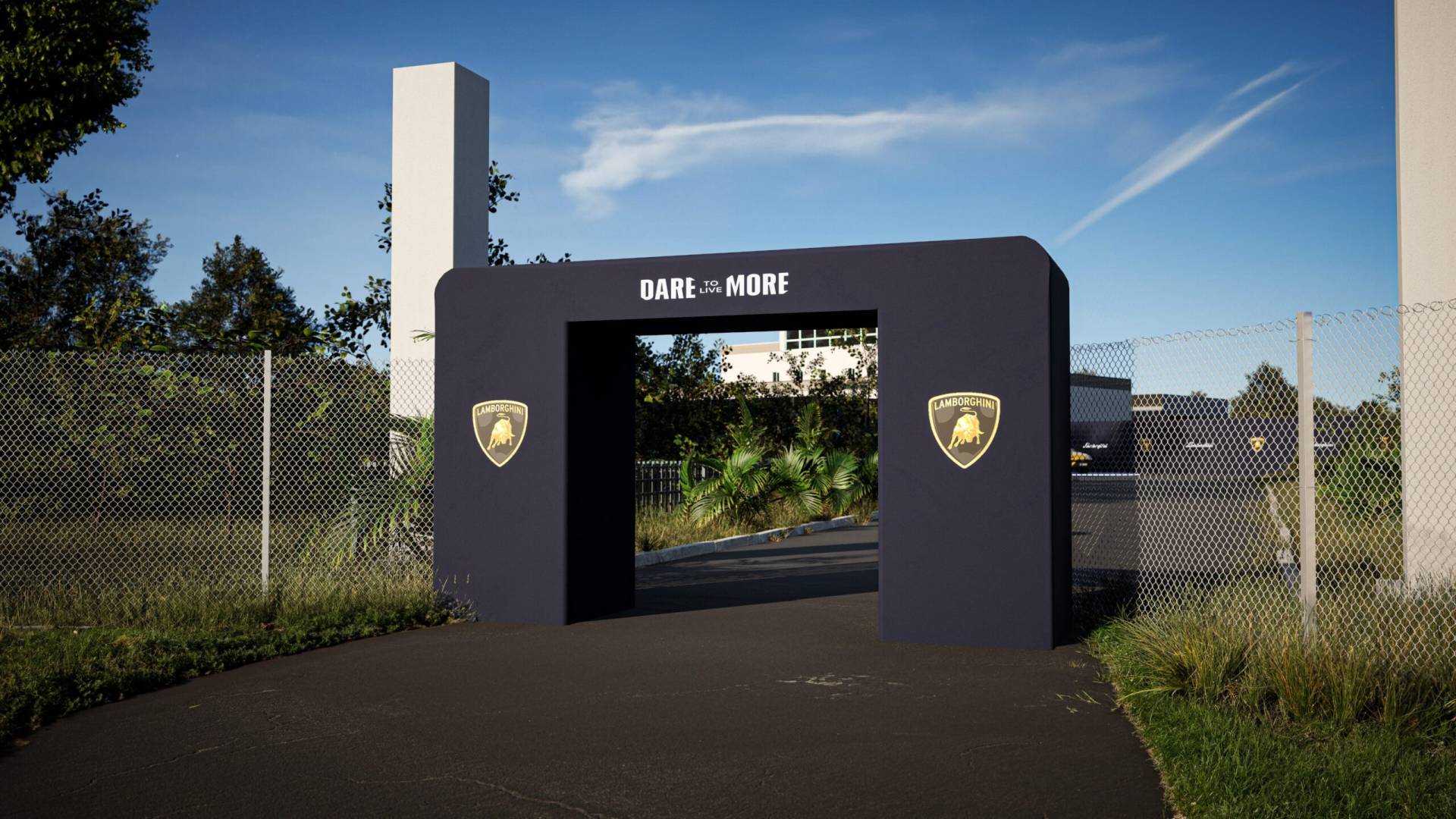 Ingresso principale dell’evento Lamborghini “Dare to Live More”, con un arco decorato da loghi Lamborghini e la scritta centrale