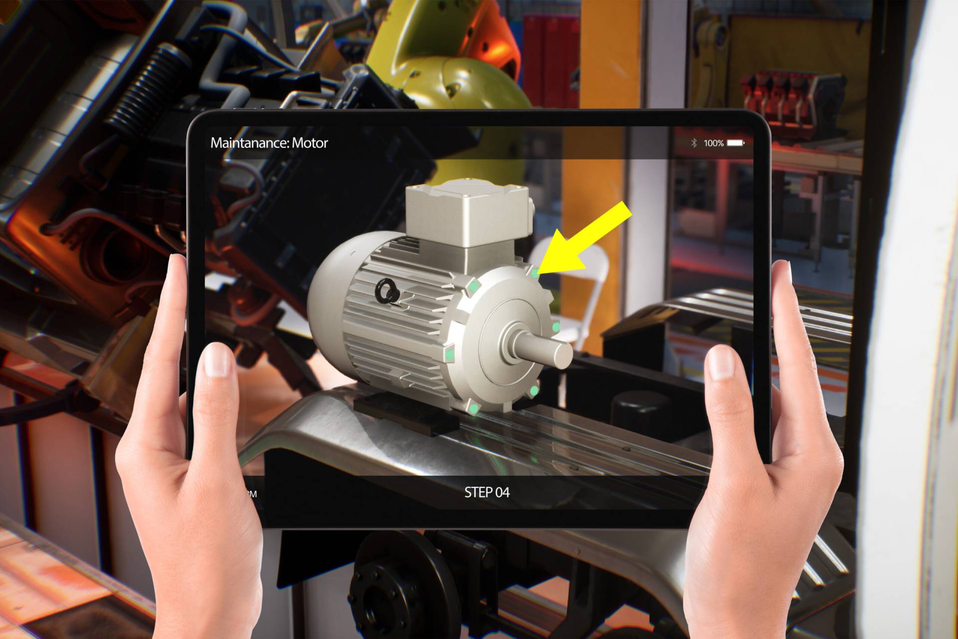 Visualizzazione tramite tablet con realtà aumentata per la verifica di componenti di un motore industriale.