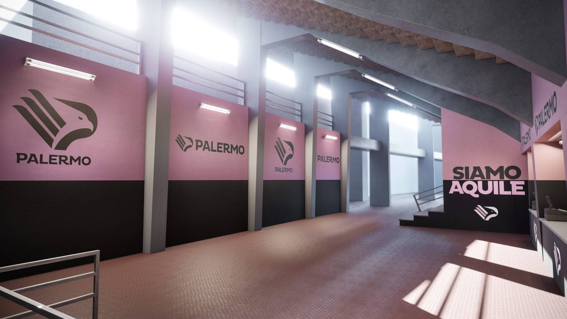 Rendering di un corridoio interno dello stadio Renzo Barbera, decorato con pareti rosa e nere, colori ufficiali del Palermo Calcio e la scritta ‘Siamo Aquile’.