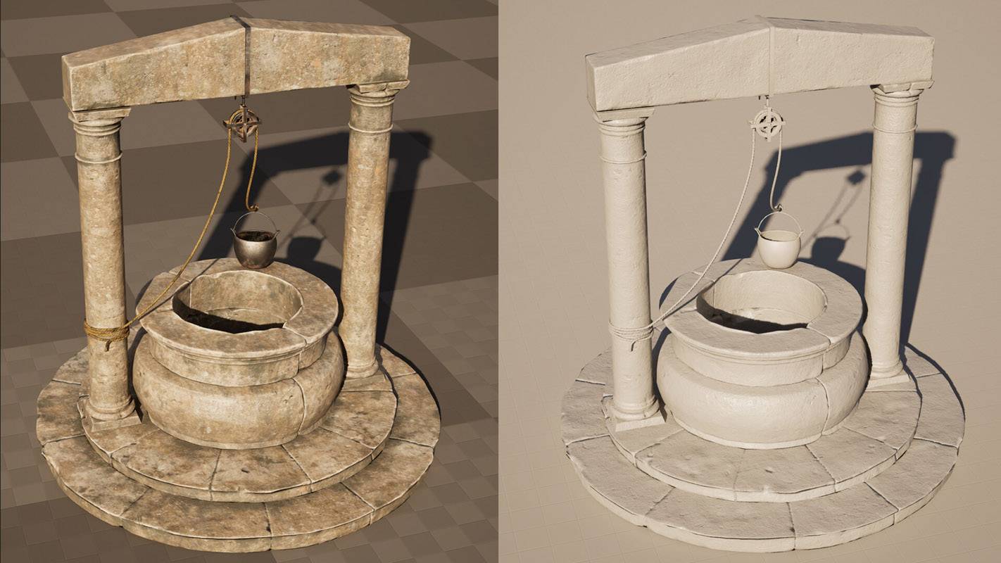 Confronto tra il modello 3D del pozzo medievale con texture applicate e la versione senza texture