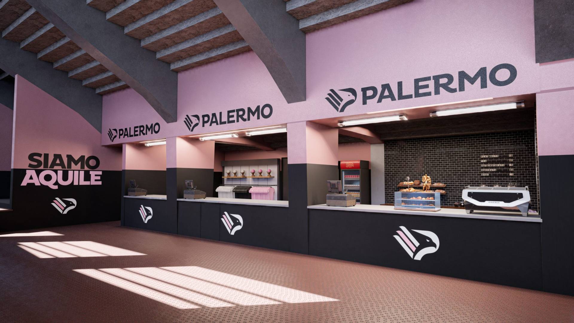 Rendering degli spazi interni dello stadio del Palermo FC. Area ristoro con banconi personalizzati, logo del club e scritta ‘Siamo aquile’ sulle pareti colorate in rosa e nero, i colori ufficiali della squadra.