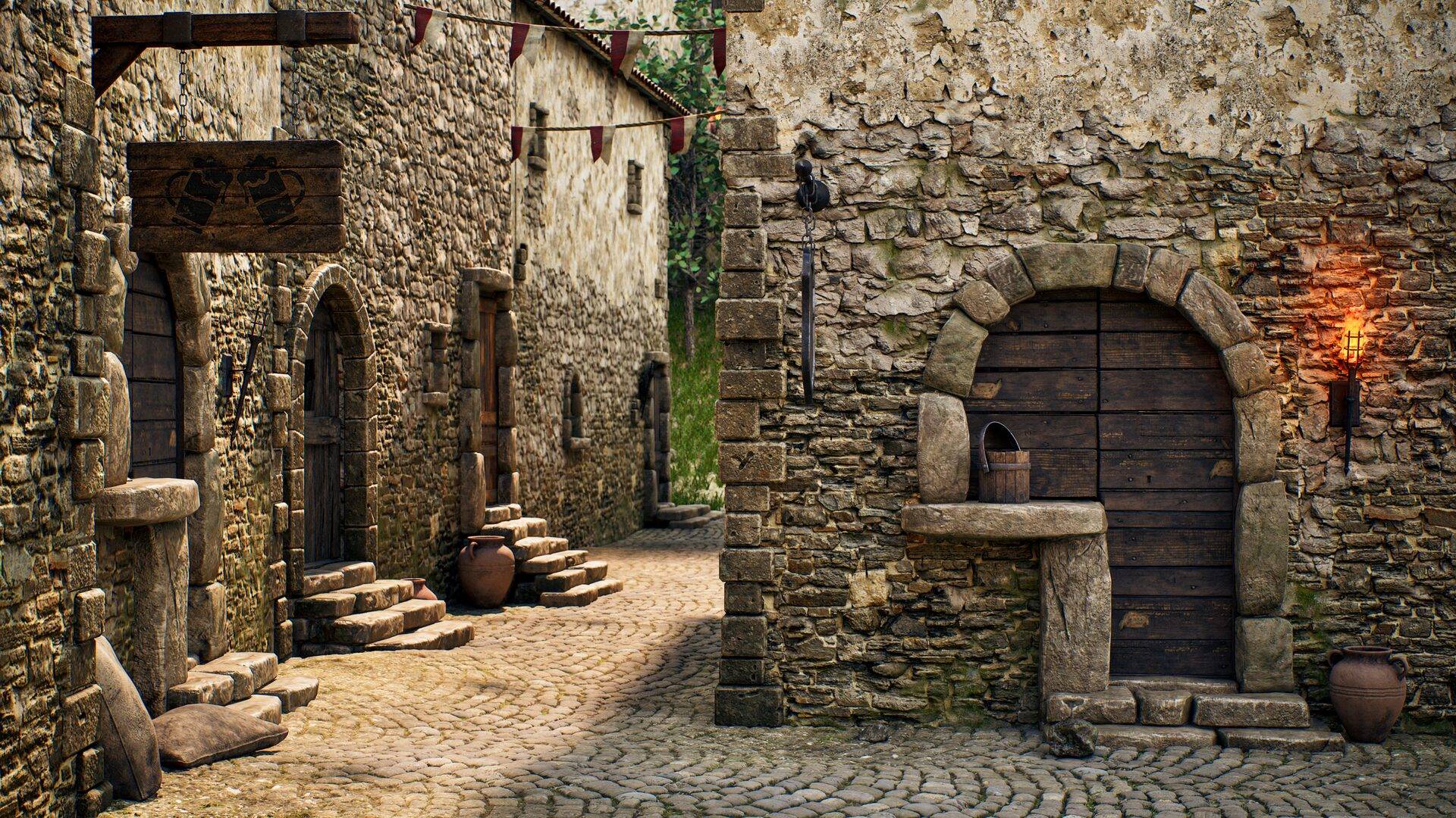 Strada acciottolata di una città medievale, con edifici in pietra, porte in legno, un’insegna di locanda e torce accese, creata in Unreal Engine.