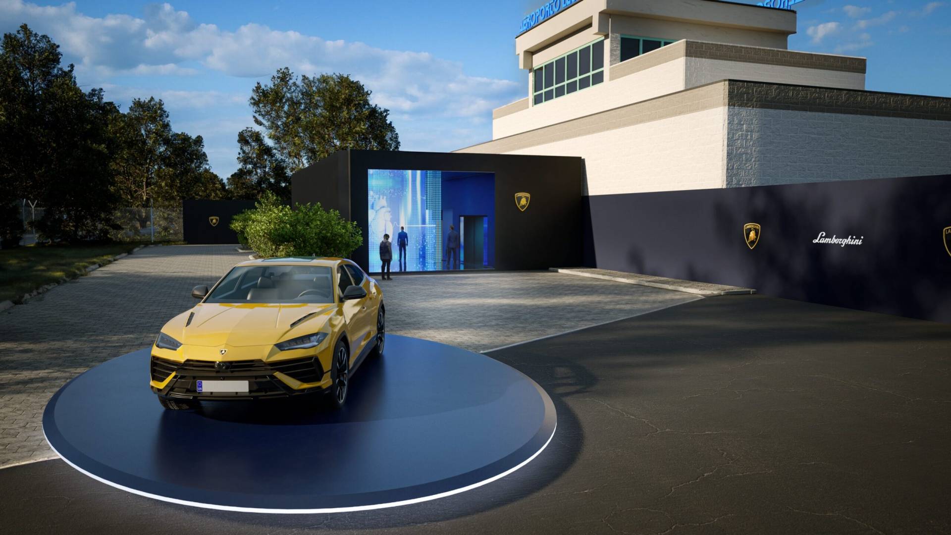 Rendering 3D per l'evento “Dare to Live More” di Lamborghini, con una Lamborghini Urus gialla esposta su una piattaforma circolare, situata di fronte all’ingresso illuminato di una struttura con logo Lamborghini