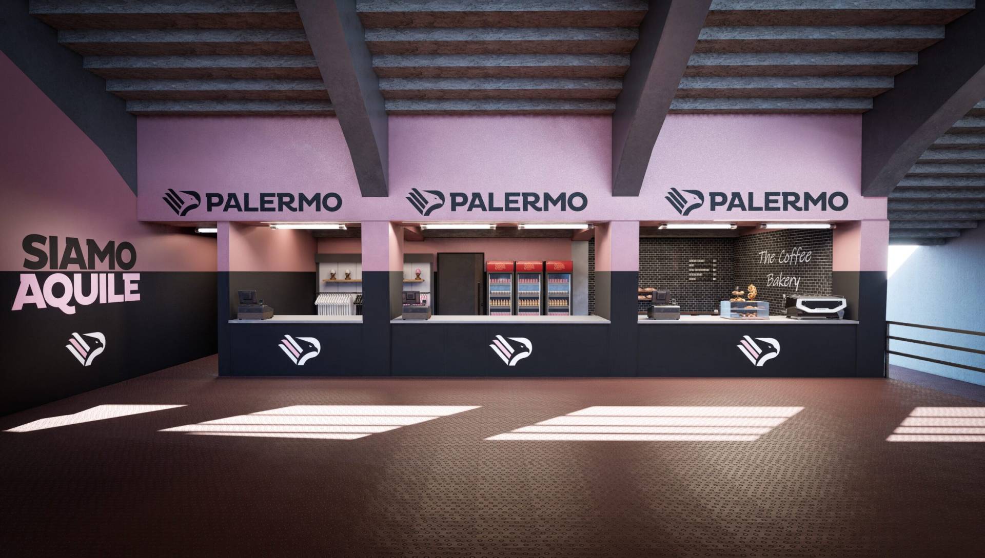 Rendering dell’area ristoro rinnovata dello stadio Renzo Barbera di Palermo, con colori rosa e nero simbolo della squadra