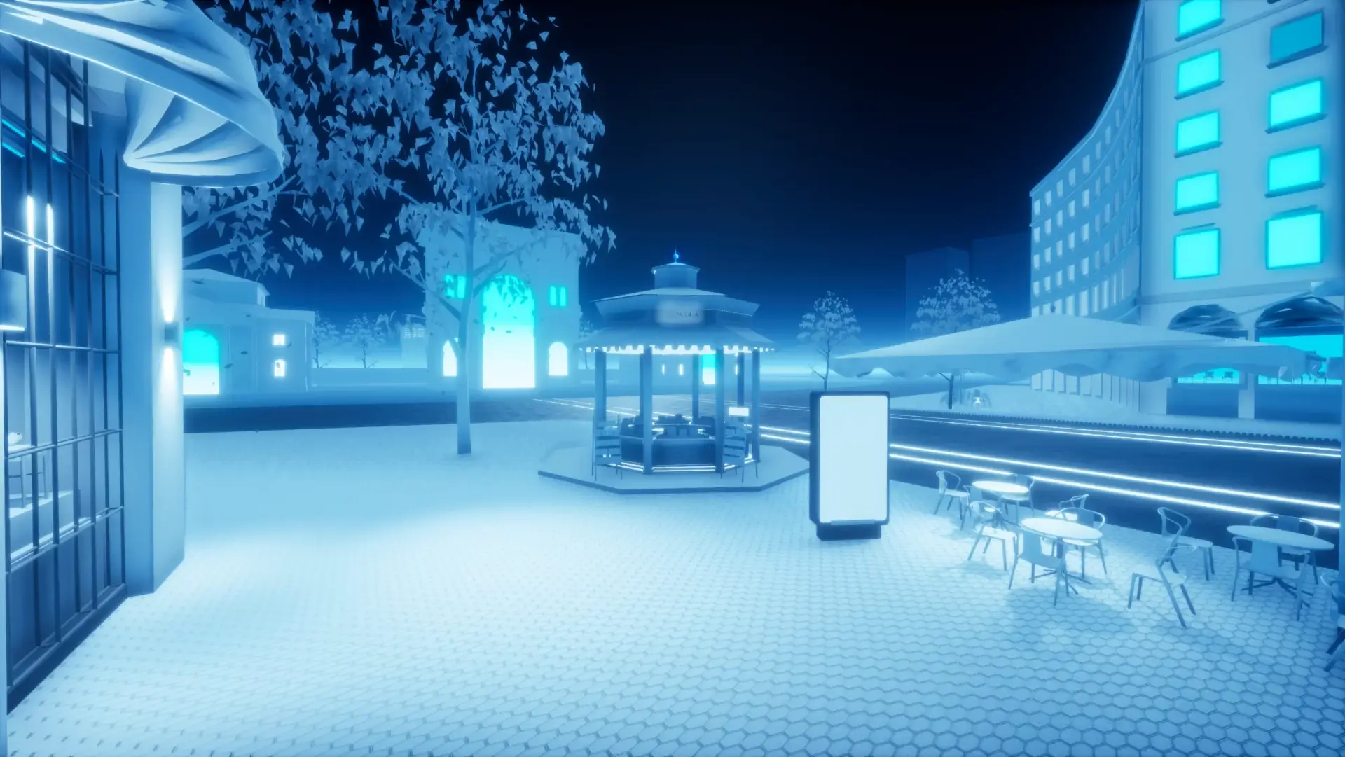 Scena di un ambiente urbano virtuale, caratterizzato da un’estetica futuristica con toni blu e bianchi. Al centro si trova un gazebo illuminato, circondato da elementi architettonici moderni, tavolini all’aperto e alberi stilizzati.