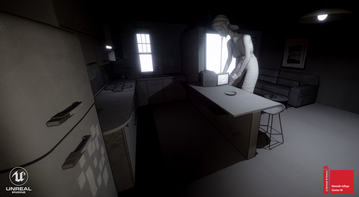 Scena in bianco e nero dal film VR "Mono" realizzata con Unreal Engine. Una figura femminile stilizzata interagisce con un microonde acceso, illuminando una cucina scura e minimalista.