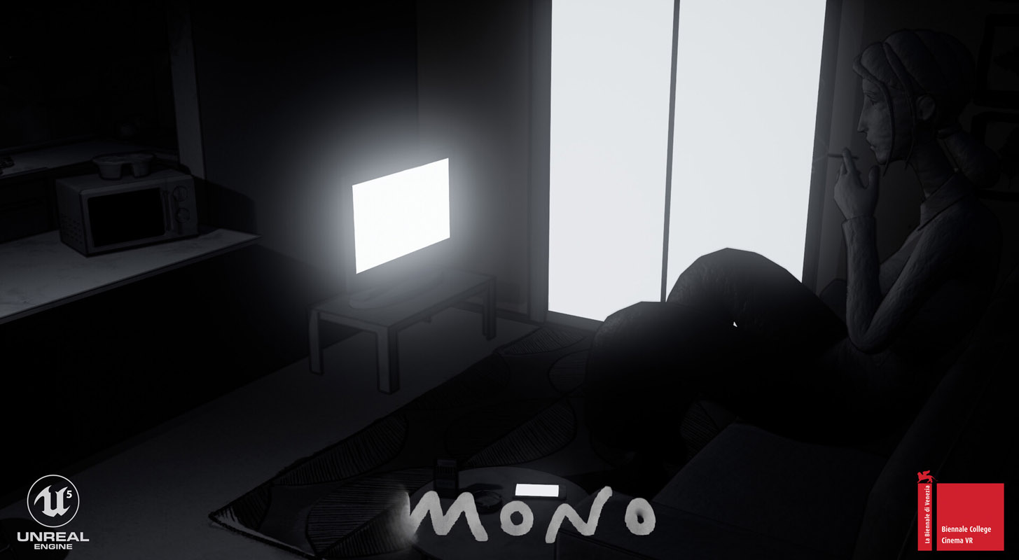 Una scena tratta dal film VR "Mono" che raffigura un soggetto stilizzato seduto su un divano, illuminato dalla luce fredda di una TV accesa, mentre fuma in una stanza buia