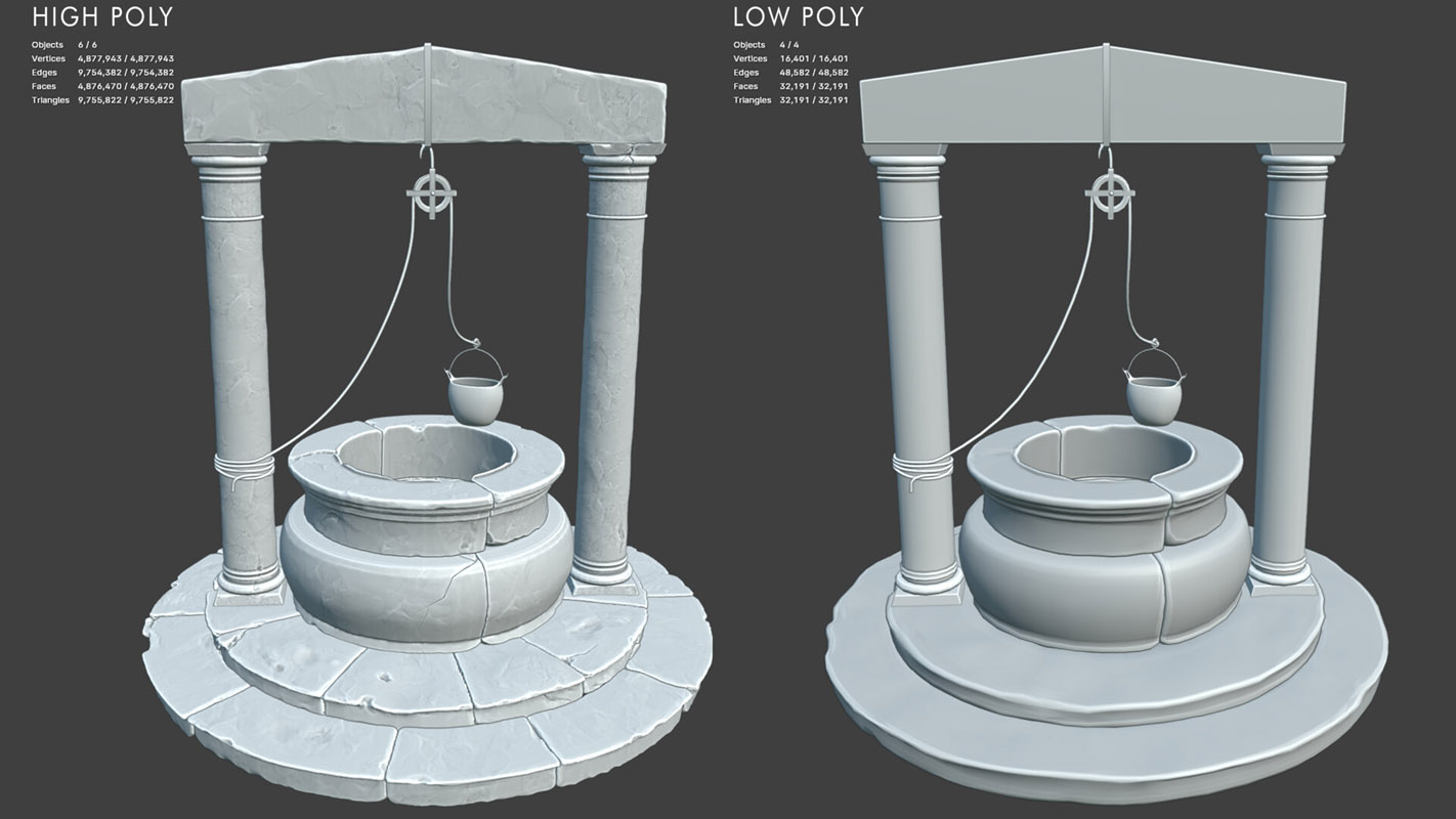 Confronto tra la versione high poly e low poly del modello 3D di un pozzo medievale