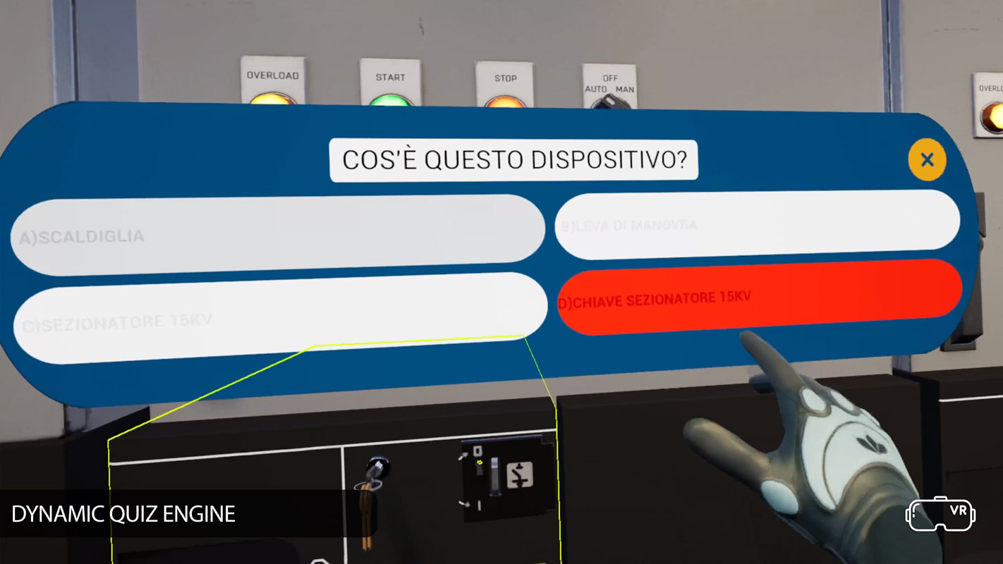 Simulazione VR con quiz interattivo: una domanda chiede di identificare un dispositivo, con opzioni multiple visualizzate su uno schermo virtuale.